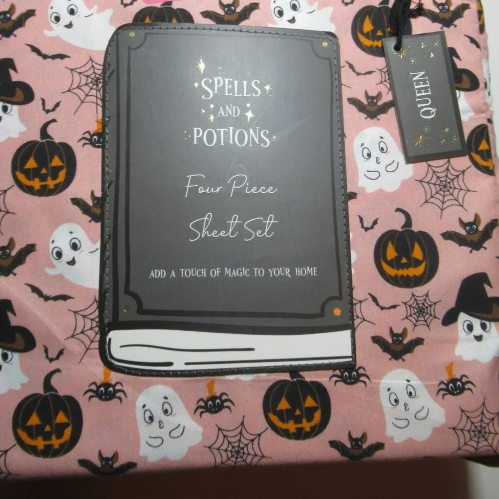 Spells And Potions Queen Size Pink Sheet Set Ghost Bat Pumpkin Web Halloween New